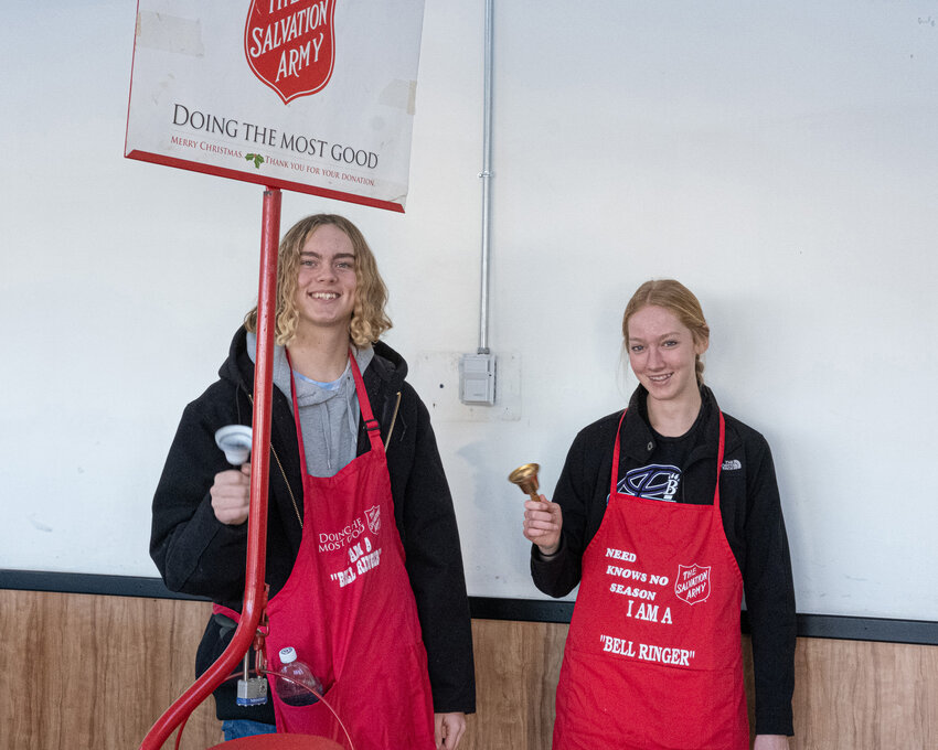 FBLA members Riley Koneck and Ella Donner volunteer at Family Fare last year to help raise money for the the local Salvation Army kettle drive. Kettles are outside of Family Fare and Walmart in Blair on Saturdays during the holiday season.