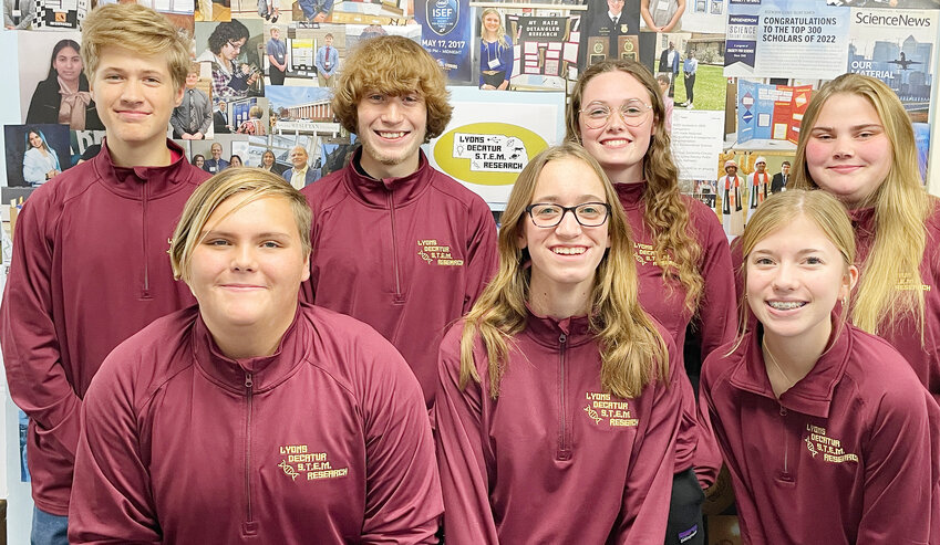 Current 23-24 high school students enrolled in STEM Research Class: Back row left to right: Alexander Timm (11), Chance Mock (12), Kaylie Svendsen (12), Regina Tomka (11); Front row left to right: Isabelle Schrader (10), Kaylin Miller (10), Cameron Maryott (9).