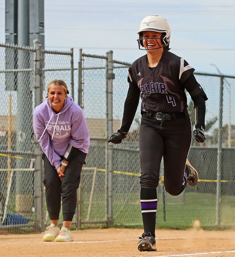Blair softball coach Jennifer Fangmeier, left, enjoys Joslyn Policky's home run trot during the 2022 NSAA State Championships in Hastings. On Monday, Fangmeier was announced as the 2023 Nebraska Coaches Association Coach of the Year.
