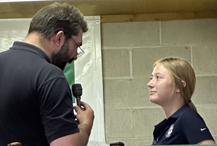 KTIC Farm Broadcaster Chad Moyer interviews 2023 Nebraska Dairy Ambassador Brooke Hilgenkamp during the 2023 Cream of the Crop Dairy Show held in West Point on June 17.