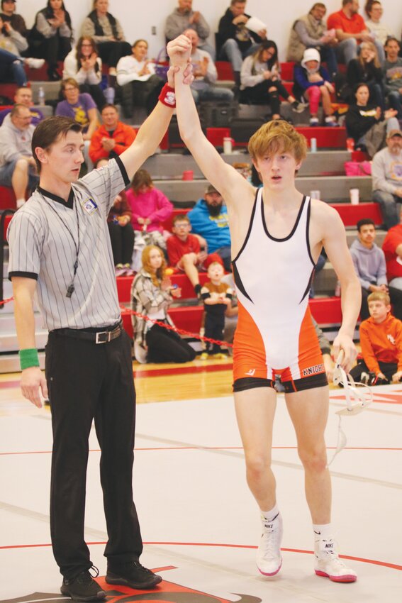 One of the best feelings after securing the victory is your hand being raised high by the official.  For Oliver Johnson of Oakland-Craig, this image marks the 100th time this has unfolded in his high school wrestling career.