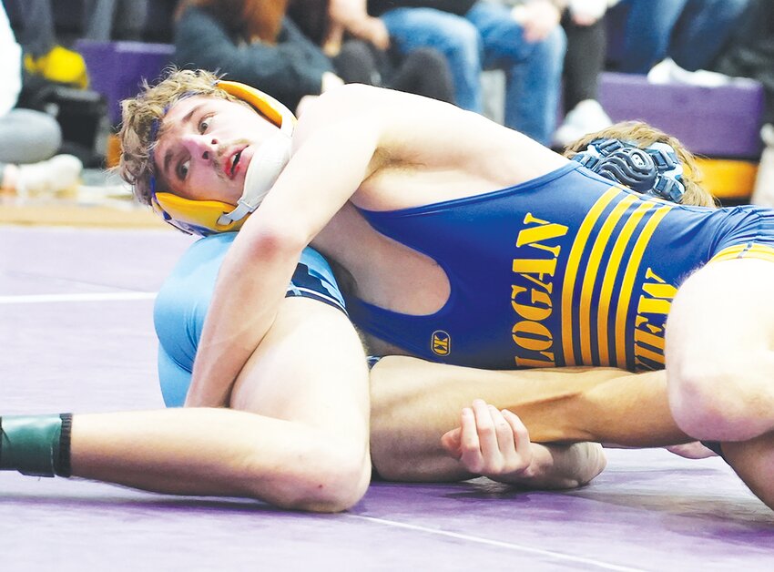 Senior Raider Sam Peters battles in an early round at 132 at the district meet in Battle Creek.