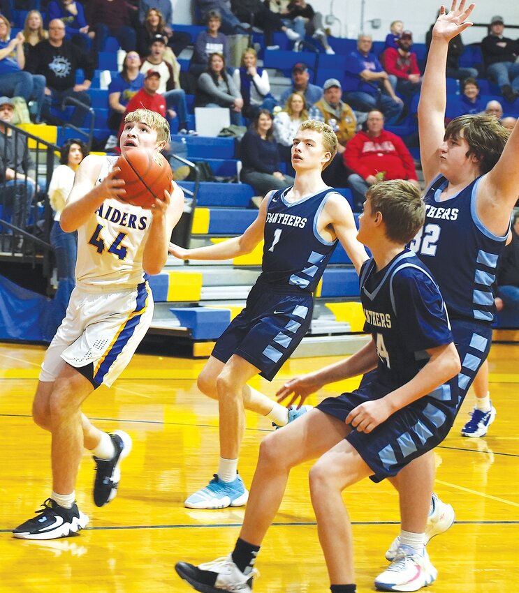 Senior Raider Jacob Smith #44 takes it all the way in for the layup against Bancroft-Rosalie.
