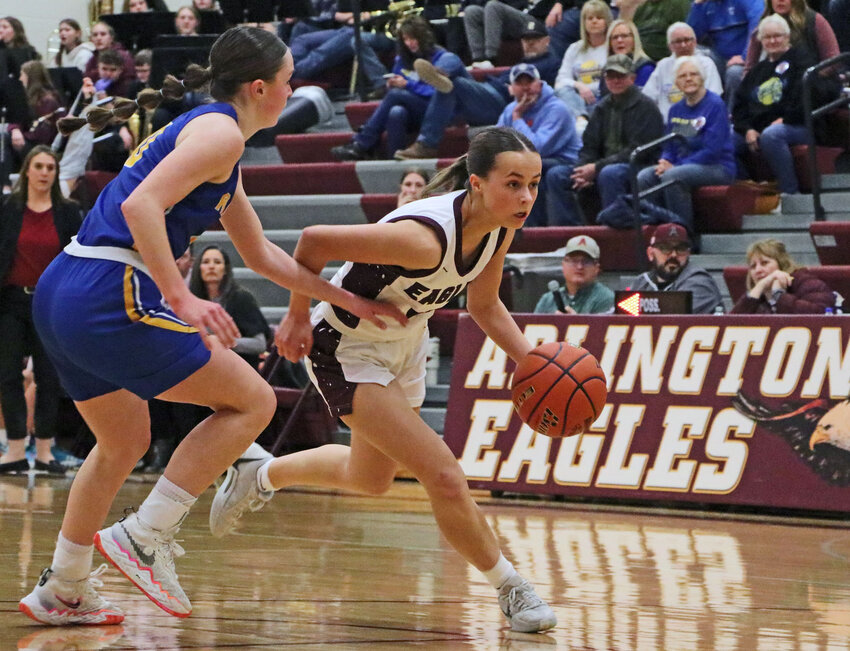 Eagles sophomore Emme Timm, right, dribbles as Logan View/Scribner-Snyder's Elli Christianson defends Tuesday at Arlington High School.