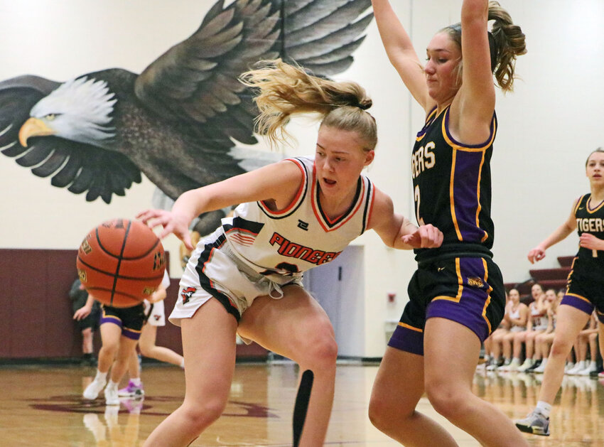 Fort Calhoun sophomore Maelie Nelson, left, reaches back for the ball as Tekamah-Herman's Preslee Hansen defends Tuesday during the Class C1-4 Subdistrict Tournament at Arlington High School.