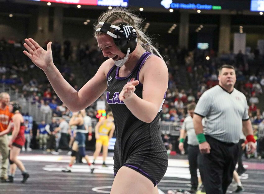 Blair senior Savanah Roan celebrates a come-from-behind pin Friday in Omaha.