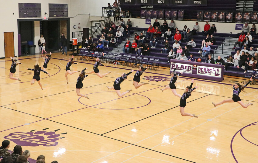 The Blair High School dance team performs during a Feb. 6 basketball game. The team also performed last week during the state championships event in Grand Island.