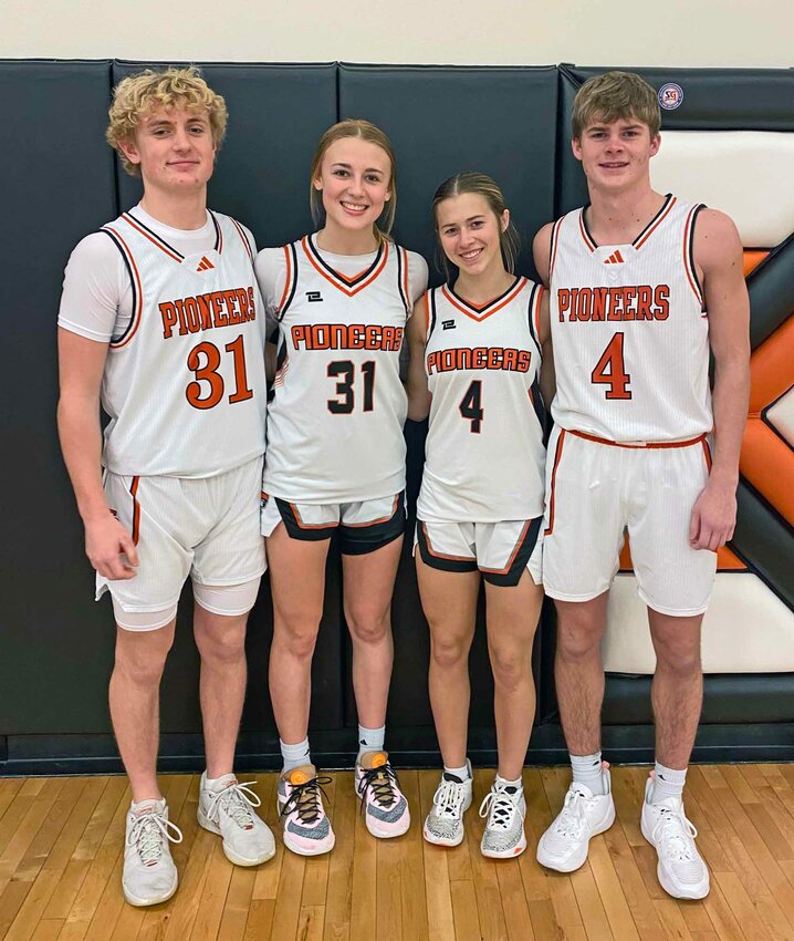 Fort Calhoun basketball siblings, from left, Adam and Ansley Elofson, and Ella and Grayson Bouwman share numbers on the court.