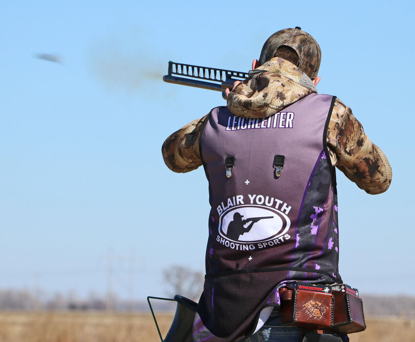 Jager Leichleiter fires Saturday during a preseason shoot at the Blair Youth Shooting Sports range on County Road P33. Blair opens the Eastern Cornhusker Trapshooting Conference schedule this Saturday at Harry A. Koch Trap and Skeet in Omaha.