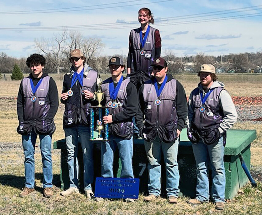 Jaydyn Backman, back row, and Harry Kies, front row, from left, Riley Brodersen, Kalvin Kies, Triston Clausen and Tyler Hume of Blair Youth Shooting Sports all earned honors during the first ECTC shoot of the season Saturday in Omaha.