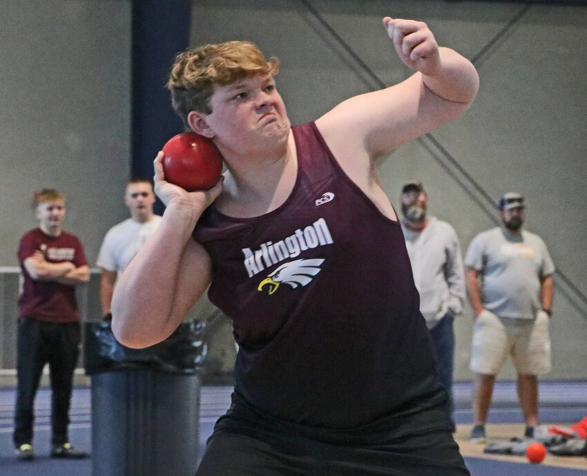 Arlington freshman Lucas Chappelear competes in the shot put Tuesday at the College of Saint Mary.
