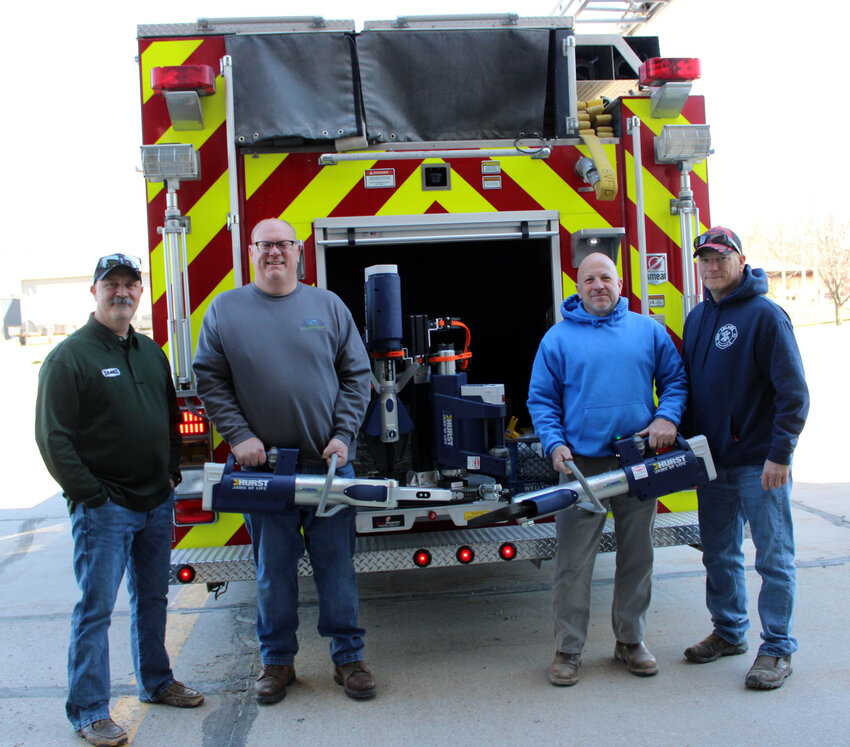 The Blair Volunteer Fire Department received new jaws of life Tuesday morning from Danko Emergency Equipment Co. Pictured from left, Stan Smith of Danko, First Assistant Chief Dave Aten, Sergeant at Arms Kent Nicholson and Chief Joe Leonard.