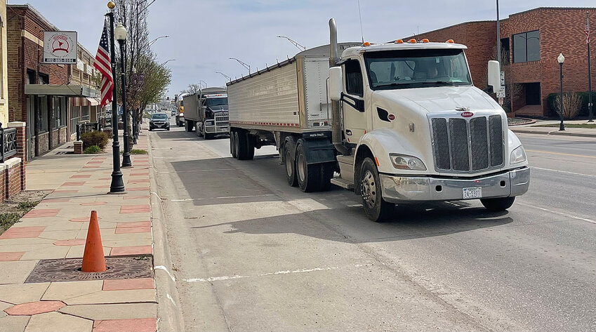 Washington Street in downtown Blair has consistently heavy truck traffic for a variety of reasons. Here is the scene from last Friday afternoon.