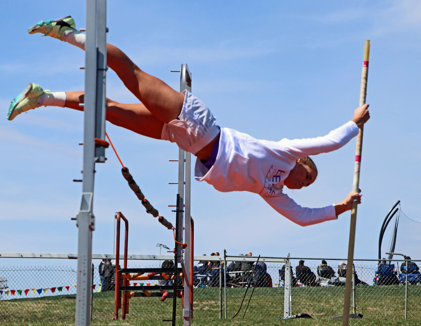 Blair senior Greta Galbraith warms up for the pole vault event Saturday at Ralston High School.