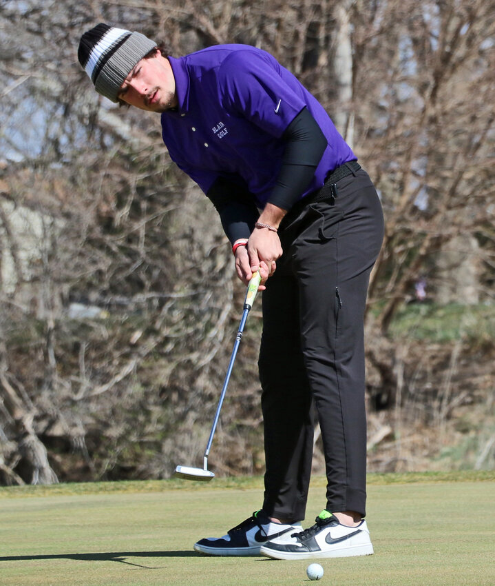 Blair senior Bode Soukup putts Tuesday during the Bears' season-opening dual with Logan View at Elkhorn Valley Golf Club in Hooper.
