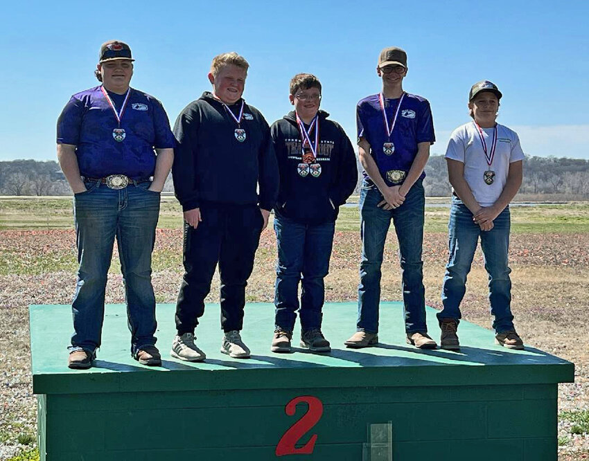 BYSS Junior marksmen Tregan Baker, from left, Henry Heuton, Greyson Nichols, Landry Benoit and Jackson Kempcke pose for a photo after earning top finishes Saturday afternoon at an ECTC shoot.