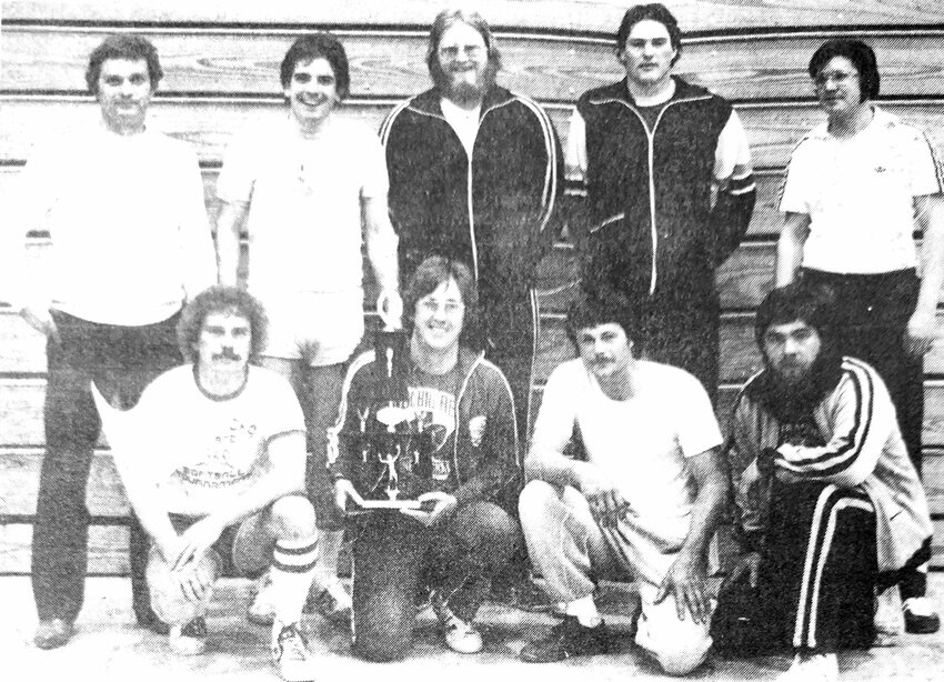 The 6'4 and Under team won the 1978 Blair Lions Club Volleyball Tournament. Front row, from left: Don Livermore, Gary Baker, Robin Renard and Ron Livermore. Back row: Tournament director Russ Moseman, Mike Mines, Rick Plugge, Curt Holstein and Bob Boetcher.