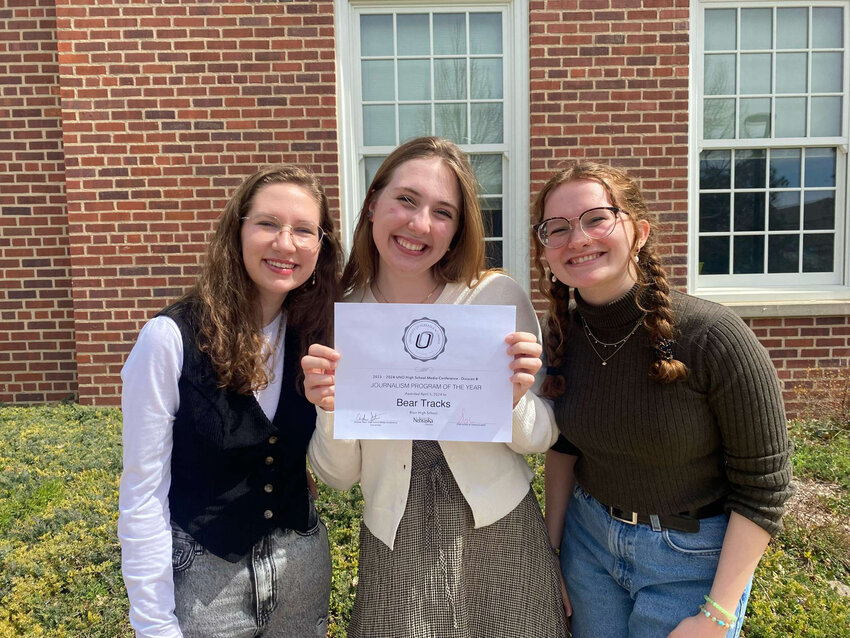 Blair High School's Bear Tracks newspaper was awarded the Outstanding Journalism Program of the Year for Division B at the UNO Media Contest April 5. Pictured, from left, co-editor Jacinta Flynn, co-editor Ruby Gutzmann and broadcasting editor Alice Thomas.