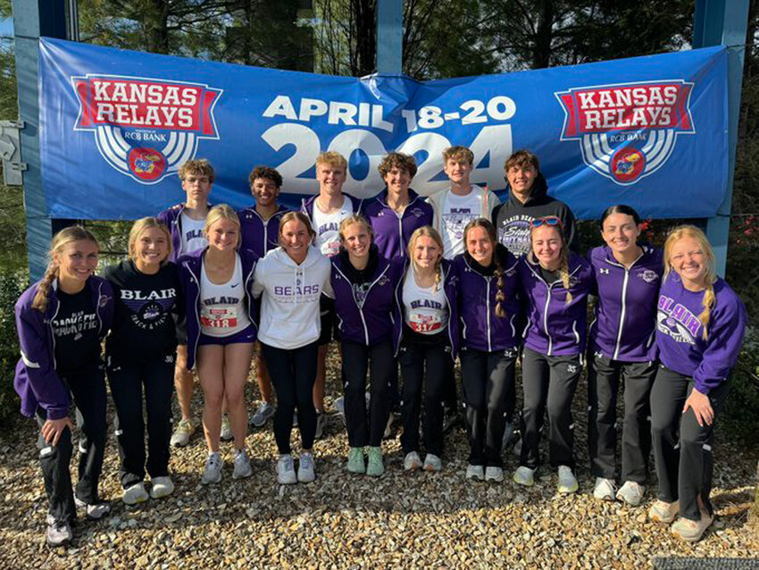 Select members of the Blair track and field team competed Friday and Saturday during the Kansas Relays in Lawrence. Front row, from left: Jade Wickwire, Reese Beemer, Brynn Lundgren, Greta Galbraith, Ryleigh Schroeter, Audie Keeling, Nadia Davey, Allie Czapla, Reece Ewoldt and Lainey Bilau. Back row: Colin McCabe, Ethan Baessler, Ben Holcomb, Hayden Daggett, Caleb Funk and Braden McGill.
