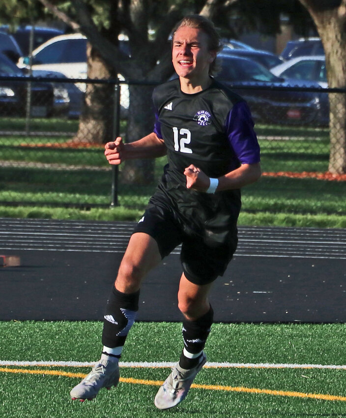 Blair sophomore Isaac Field celebrates a second-half goal against Norfolk Catholic/Lutheran High on Monday at South Sioux City.