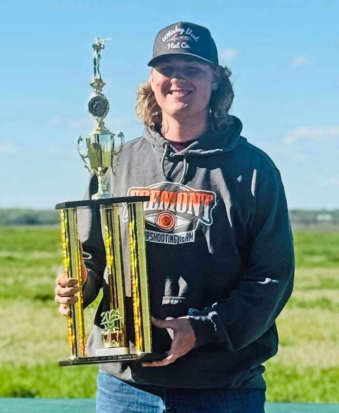 The Fremont Trapshooting Team's Zane Gerrish of Arlington earned first from 22-23 yarads Saturday at the 54th Annual Cornhusker Trap Shoot in Doniphan.