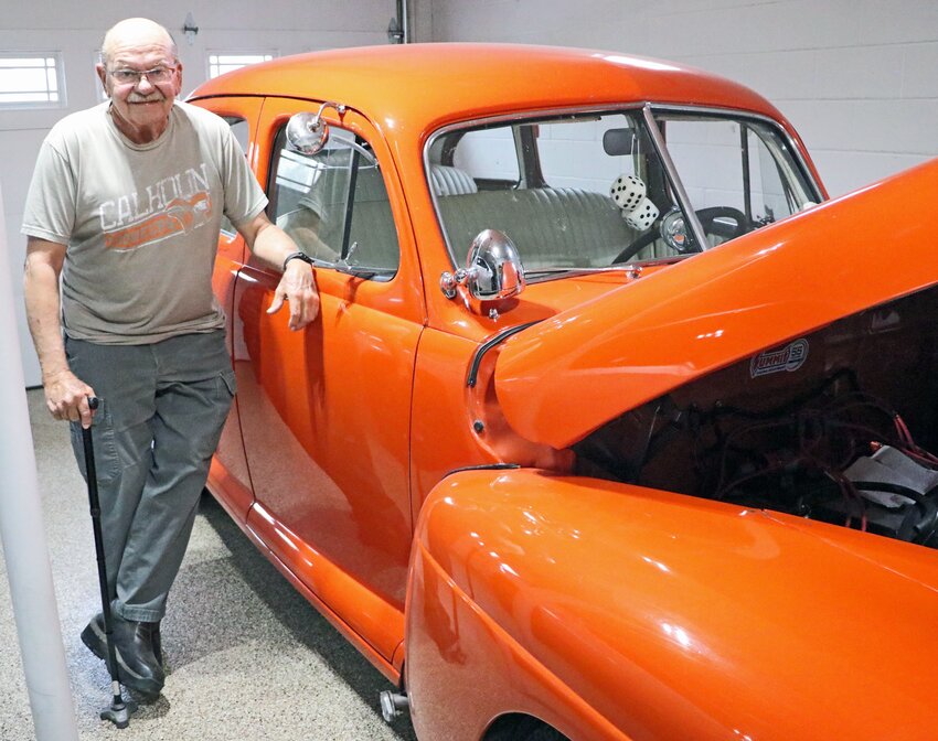 A look inside Mark Welsher's 1948 Forde Deluxe Sedan reveals chrome dashboard guages.