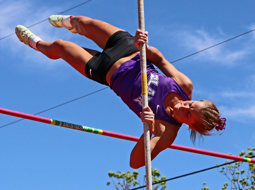 Blair senior Greta Galbraith competes in the pole vault Tuesday during the Class B-4 District Meet at Albion Boone Central. The Bear qualified for state in the event, breaking the school record along the way.