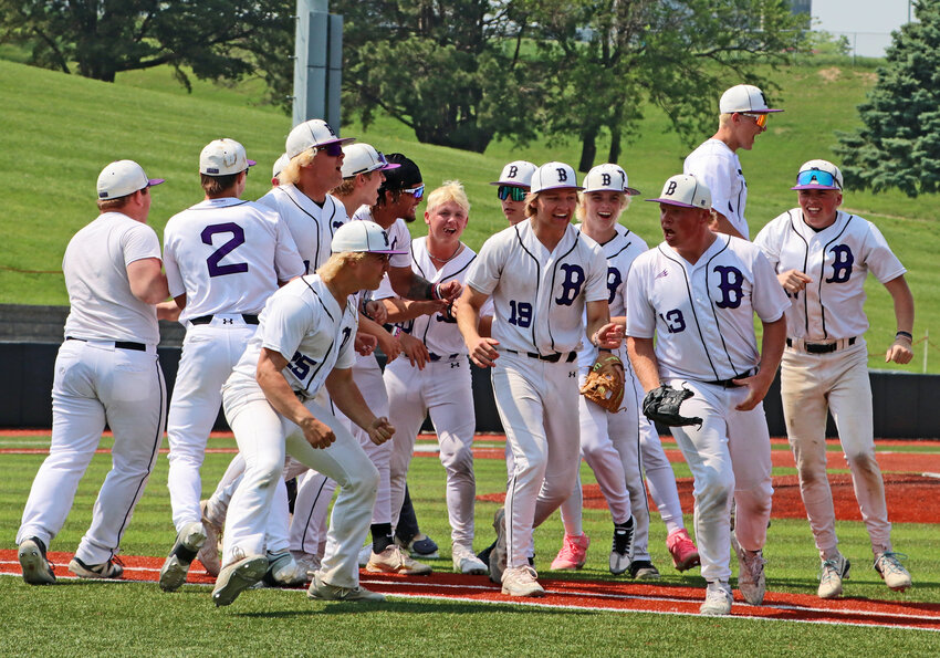 The Blair High School baseball team celebrates a come-from-behind victory Tuesday during the NSAA Class B State Championships at Tal Anderson Field in Omaha. The Bears rallied from a 8-4 deficit to beat Elkhorn North, 9-8.