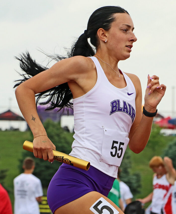 Blair senior Reece Ewoldt runs the 3,200-meter relay May 15 at Omaha Burke Stadium.
