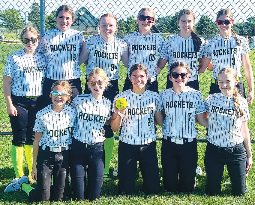 Congratulations to the Rockets 14s in going 4-2 at the State Tournement  - back from left, Avery Christensen, Brinley Burton, Ava Mahnke, Marynssa Moseman, Kaden Knaak, Lily Petersen; front from left, Sabrina Rost, Ella Claybaugh, Brinley Erkisen with her homerun ball, Hillary Ray, and Cadence Johansen.