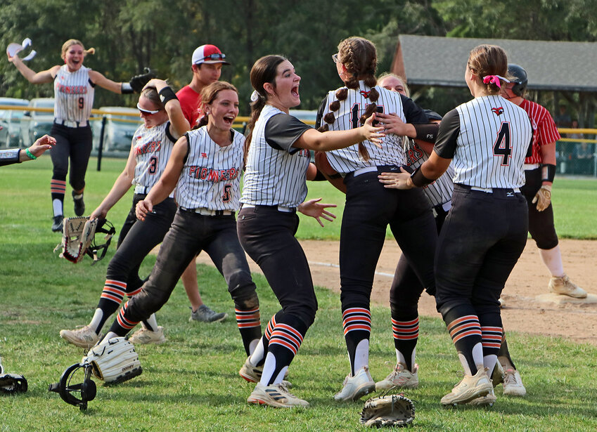 The Pioneers celebrate their Class C District 4 Finals win Friday in Fort Calhoun. FCHS bested Albion Boone Central to earn its first state qualification in school history.