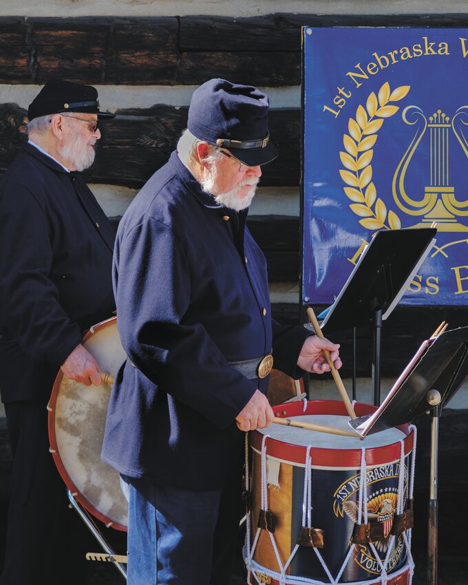 The 1st Nebraska Volunteers Brass Band percussionists play authentic reproductions last Sunday at Ft. Atkinson State Historical Park.