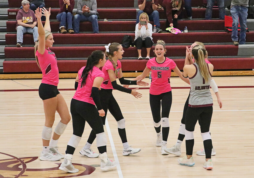 The Eagles celebrate a five-set Nebraska Capitol Conference Tournament victory Monday at Arlington High School.