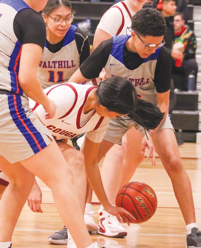Tavyanna Parker fights for the ball as she scores 12 against Walthill.