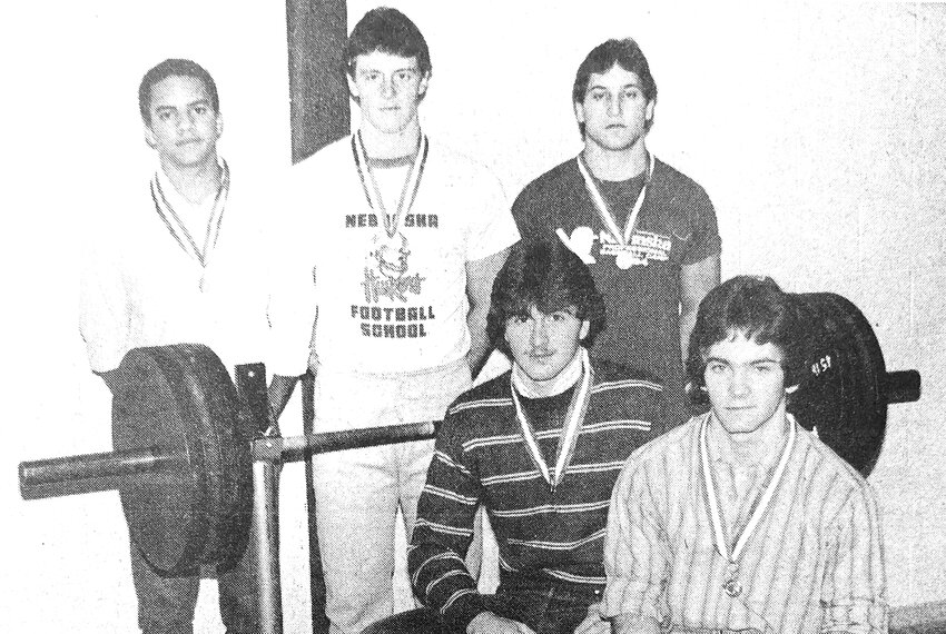 Blair High School powerlifters Dan Miller, back row from left, Keith Gregerson and Ryan Richardson pose for a photo with Brent Clark, front row left, and John Boyd in 1985.