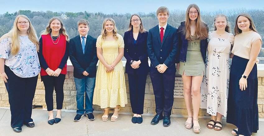 Making presentations at the Greater Nebraska Science &amp; Engineering Fair are (from left) Kaylee Tomka, Ryanna Bacon, Avery Bacon, Carsyn Miller, Kaylin Miller, Alexander Timm, Kellyn Knaak, Caroline Timm, and Dakotta Erickson.