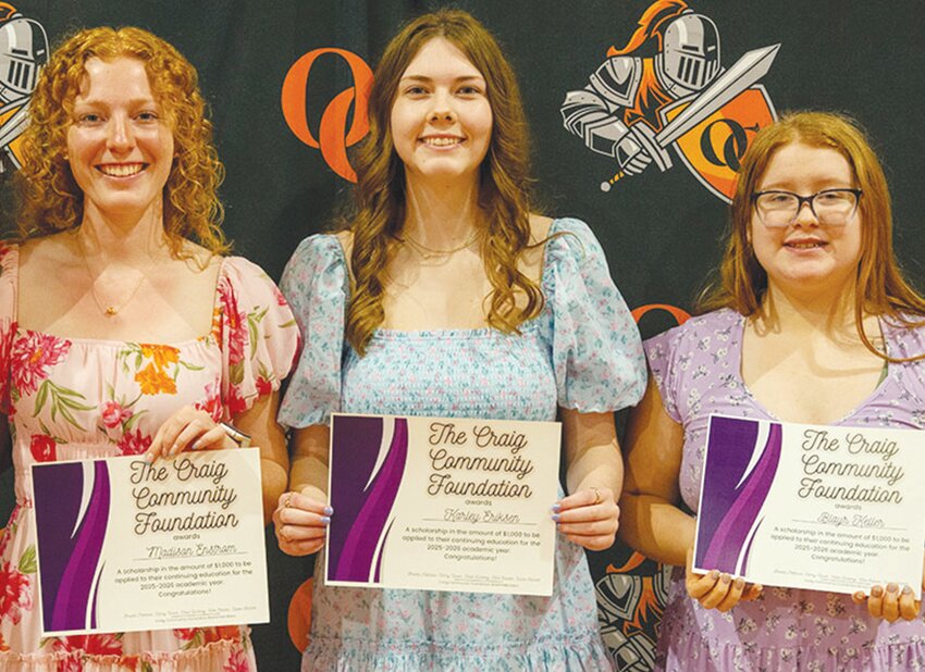 Those receiving $1,000 Craig Community Foundation Scholarships are seniors Oakland-Craig Seniors (from left) Madison Enstrom, Karley Eriksen, and Blayr Keller. Not Pictured: Tekamah-Herman's  Tate Pruess and ollege students receiving their scholarships for a second year are Emma Johansen, Anastasia Widick, Kara Peterson, and Laryn Johnson.