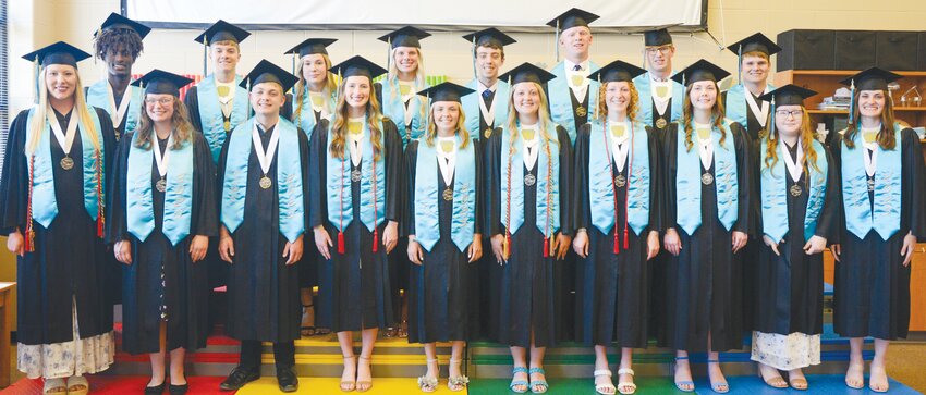 2025 Oakland-Craig Honor Graduates are (front from left) Brandi Helzer, Morgan Pickell, Elijah Gahan, Bailey Pelan, Brennan Ahrens, Brooke Denton, Madison Enstrom, Karley Eriksen, Blayr Keller and Amy Snader; (back from left) Jeremiah Druckenmiller, Dawson Meyer, Shea Crimmins, Adi Rennerfeldt, William Wilkey, Braylon Anderson, Nolan Magnusson and Corbin Guill.