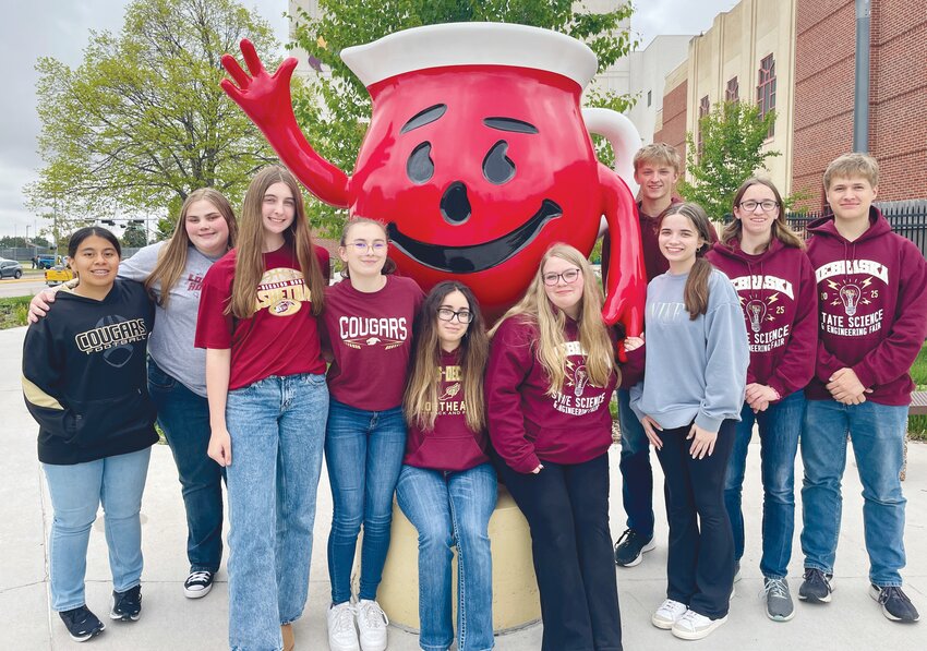 Pictured in front of the iconic Koll-Aid man in Hastings, the LDNE Quiz Bowl Team competed in the state Quiz Bowl Tournament.  Members include: Adi Salazar, Regina Tomka, Kellyn Knaak, Isabelle Christiansen, Miranda Prieto, Kaylee Knaak, Carter Cooper, Alexa Ashcraft, Kaylin Miller, and Alexander Timm.
