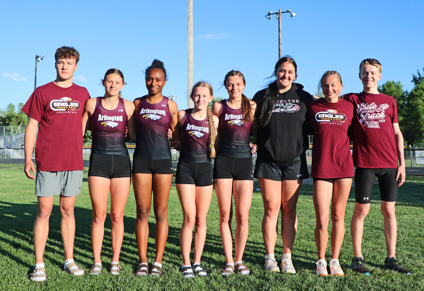 Arlington Eagles Dallin Franzluebbers, from left, Whitney Wollberg, Kelise Krivohlavek, Corinne May, Hailey O'Daniel, Hayley Arp, Rylie Kyllo and Kolby Tighe qualified for the NSAA State Track and Field Championships on Thursday during the Class C District 2 Meet at Oakland City Park.