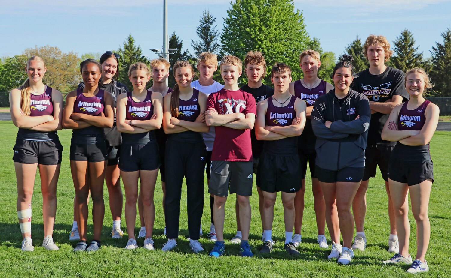 Fourteen Arlington Eagles earned NSAA State Track and Field Championship berths May 9 during the Class C-2 District Meet in David City. Front row, from left: Austyn Flesner, Kelise Krivohlavek, Whitney Wollberg, Hailey O'Daniel, Kolby Tighe, Trey Hill, Taylor Arp and Brooke Hilgenkamp. Back row: Hayley Arp, Kevin Flesner, Kaden Foust, Dallin Franzluebbers, Nolan May and Trent Koger.