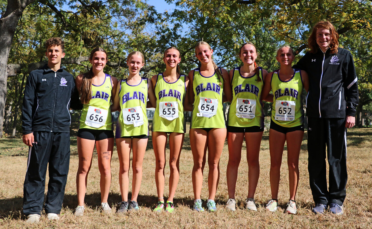 Blair High School cross-country runners Lane Christensen, from left, Kate Wulf, Emma Himes, Jade Wickwire, Ryen Anderson, Stevie Avila and Roland Barondeau earned state qualifications Thursday at Walnut Grove Park in Omaha.