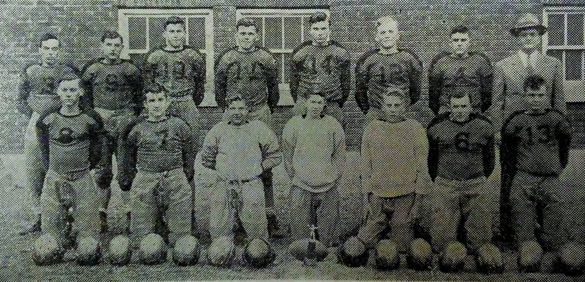 SEVENTY-FIVE YEARS AGO: De Smet&rsquo;s 1945 six-man Bulldog squad, pictured above by C.S. McKibben, local photographer, proved strong enough to continue the record of four previous years in which the Bulldogs have not been defeated, making a total of 31 victories in succession. Pictured above, left to right, front row: Leon Carpenter, Dale Snyder, Keith Groenenboem, Craig Munger, Boyd Nelson, Merle Klinkel, Gerald Hoy. Back row: Douglas Peckenpaugh, Lester Klinkel, John McAdaragh, Richard McAdaragh, Walter Swenson, Glenn Sorenson, James Coughlin, and Coach John D. Natwick.