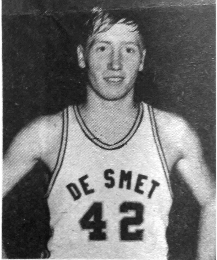 FIFTY YEARS AGO: The De Smet Bulldogs boys basketball team Friday night went on a scoring spree and rolled to a 93-59 victory over the invading Howard Tigers. Seven Bulldog players were in double figures, and two others scored before the final buzzer sounded. Leading was Terry Long with 16-all on field goals. Tied for second were Marv McCune, pictured, who swished in seven quick buckets in the first half for 14, and Rod Kretchmer on six field goals and 2-3 from the free line, for 14. Greg Krieger dumped in 11, and Rich Schardin, Steve Hein and Glenn Klinkel made 10 apiece.