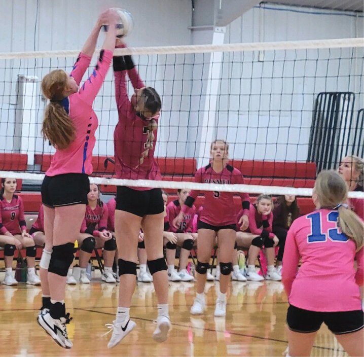 Hadlee Holt gets a block against Oliva Johnson during the DVC Tournament.