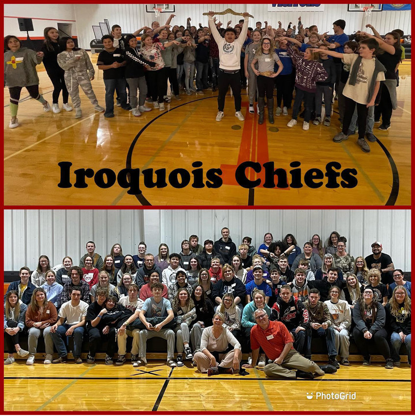 Top photo: Iroquois Middle School students celebrate winning a game during Humanity Launch. Bottom photo: Iroquois High School students following Humanity Launch.