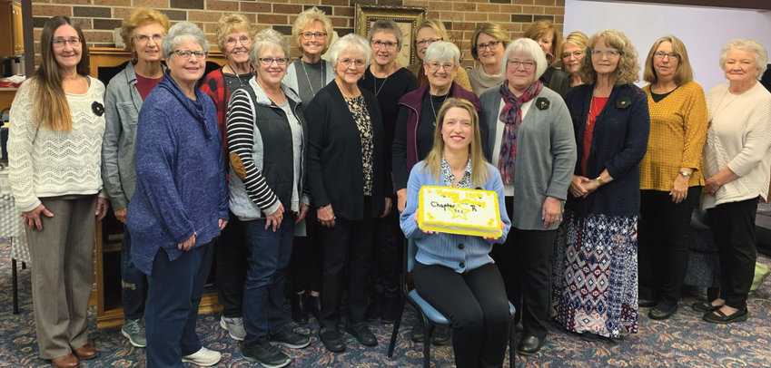 On Nov. 15, 2021, past and current members of Chapter R-P.E.O. gathered at the Prairie Park Community Room in De Smet for a centennial celebration. The event was postponed a year due to the pandemic. Pictured are Connie Geyer, back left, Roxana Poppen, Lee Ann Stofferahn, Joyce Jansen, Connie Kruse, Mary Purintun, Suzanne Roeder, Sharry Knock, Glenda Odegaard, Lisa Hinkley, Gale Anderson, Jeannie Colwell; Bette Poppen, front left, Julianne Stahl, Dianne Petersen, Julie Thonvold, Mary Weerts; Tristin Gruenhagen, Chapter R President, seated.