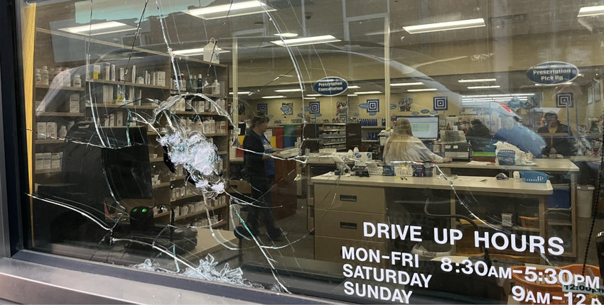 The drive-up window of Lewis Drug was broken in an attempted break-in Sunday morning.