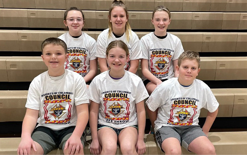 These free throw contest winners will compete at districts in Huron on Feb. 19. Nate Wilkinson front left), Cora Wilkinson, Vincent Larson; Lyla Schoenfelder, (back left), Savannah Larson and Charli McCune. (Photo by Dave Fields)
