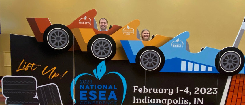 Superintendent Dana Felderman and school counselor Mariah Thury having a little fun at the National ESEA Distinguished Schools Award Program in Indianapolis, Ind.